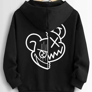 Double Face Bear Print Pocket Hooded Sweatshirt